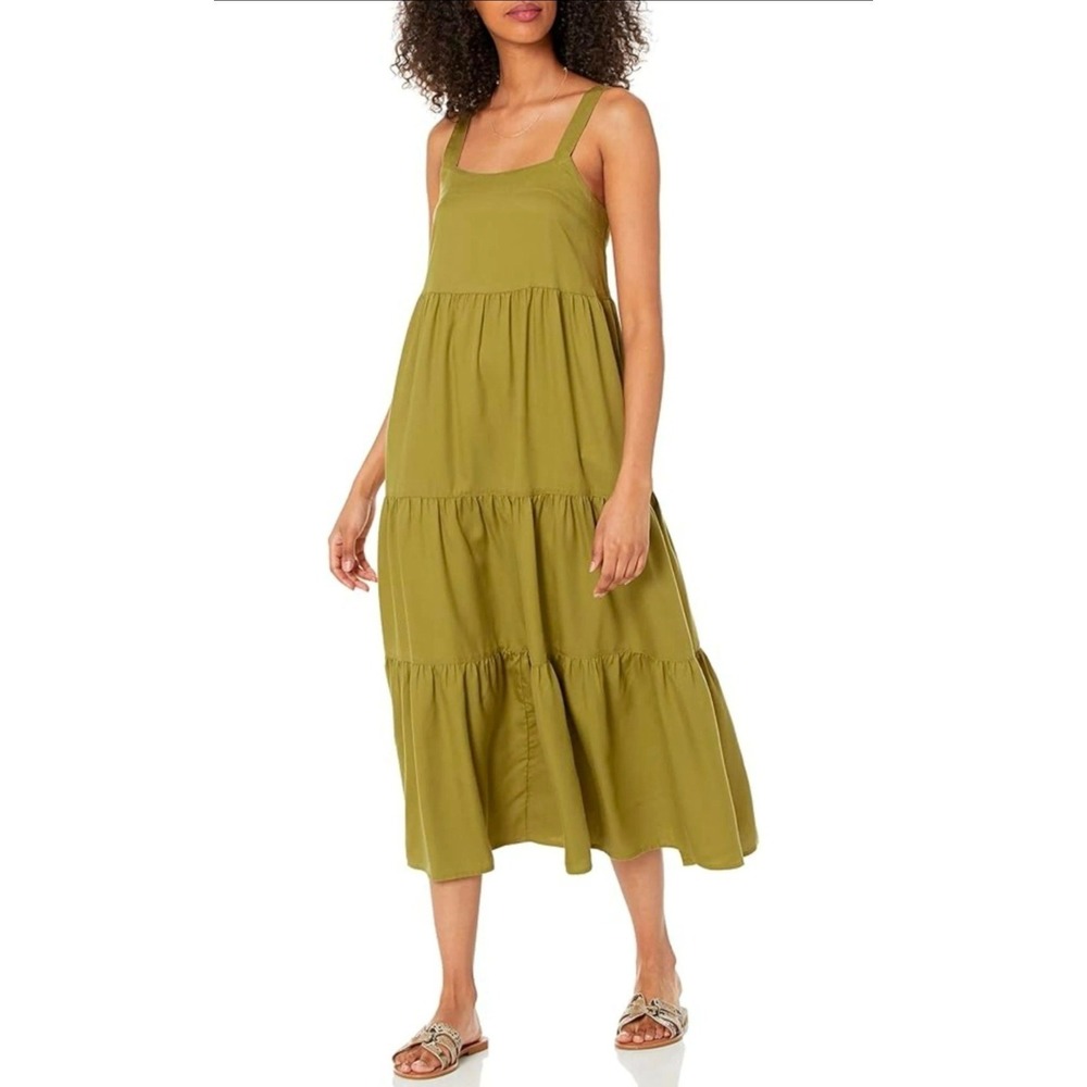The Drop Olive Sleeveless Tiered‎ Midi Dress Square Neck Cotton Pockets XXS